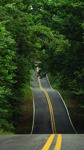 Preview wallpaper road, trees, asphalt, hills, relief