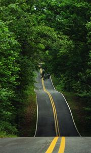 Preview wallpaper road, trees, asphalt, hills, relief