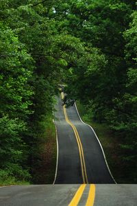 Preview wallpaper road, trees, asphalt, hills, relief