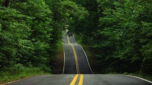 Preview wallpaper road, trees, asphalt, hills, relief