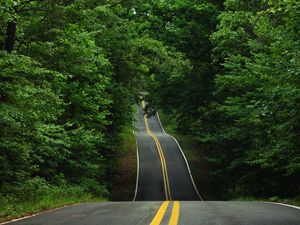 Preview wallpaper road, trees, asphalt, hills, relief