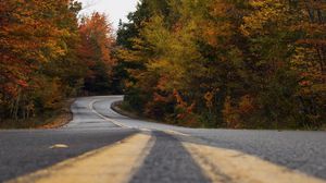 Preview wallpaper road, trees, autumn, marking, distance