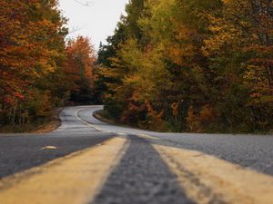 Preview wallpaper road, trees, autumn, marking, distance