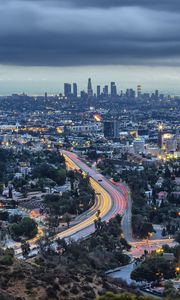 Preview wallpaper road, trees, buildings, city, los angeles, usa