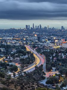 Preview wallpaper road, trees, buildings, city, los angeles, usa