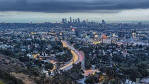 Preview wallpaper road, trees, buildings, city, los angeles, usa