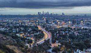 Preview wallpaper road, trees, buildings, city, los angeles, usa