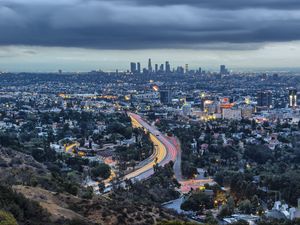 Preview wallpaper road, trees, buildings, city, los angeles, usa