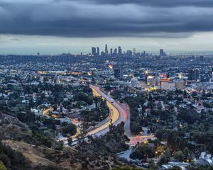 Preview wallpaper road, trees, buildings, city, los angeles, usa