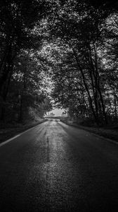 Preview wallpaper road, trees, bw, dark, forest