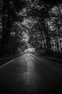 Preview wallpaper road, trees, bw, dark, forest