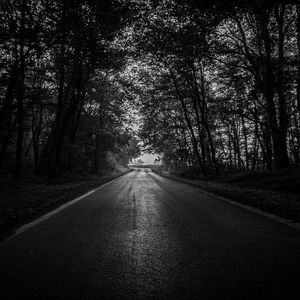 Preview wallpaper road, trees, bw, dark, forest