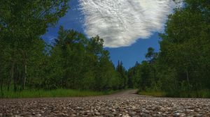 Preview wallpaper road, trees, clouds, distance