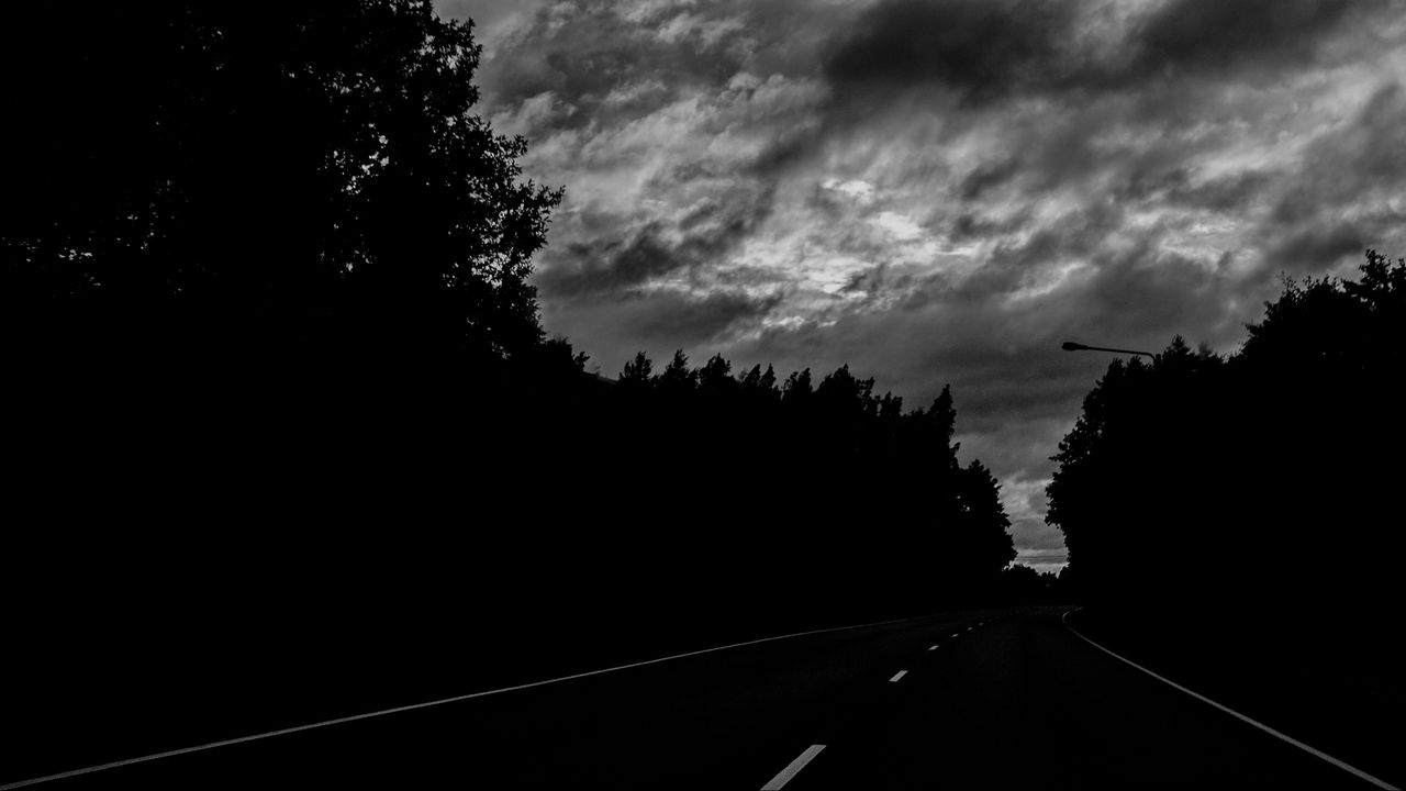 Wallpaper road, trees, dark, turn, bw
