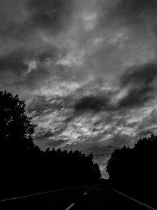 Preview wallpaper road, trees, dark, turn, bw