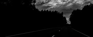 Preview wallpaper road, trees, dark, turn, bw