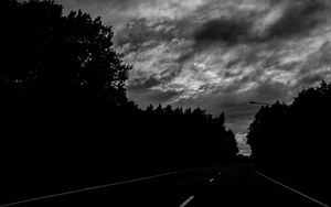 Preview wallpaper road, trees, dark, turn, bw