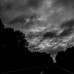 Preview wallpaper road, trees, dark, turn, bw