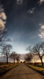 Preview wallpaper road, trees, fields, clouds, sky