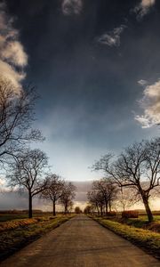 Preview wallpaper road, trees, fields, clouds, sky