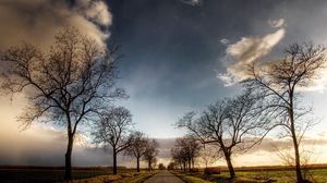 Preview wallpaper road, trees, fields, clouds, sky