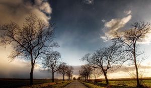 Preview wallpaper road, trees, fields, clouds, sky