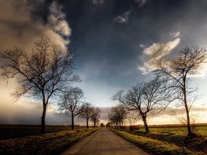 Preview wallpaper road, trees, fields, clouds, sky