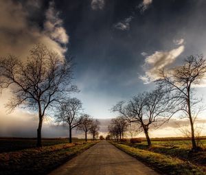 Preview wallpaper road, trees, fields, clouds, sky