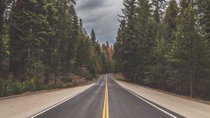 Preview wallpaper road, trees, forest, nature, clouds