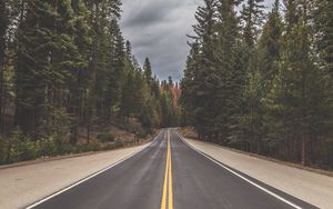 Preview wallpaper road, trees, forest, nature, clouds