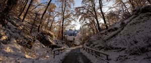 Preview wallpaper road, trees, houses, snow, winter