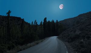 Preview wallpaper road, trees, moon, night