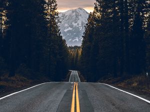 Preview wallpaper road, trees, mountain, peak, nature