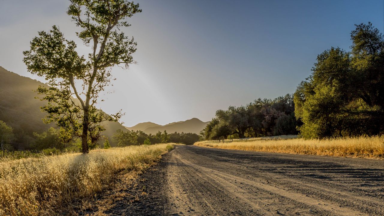 Wallpaper road, trees, mountains, sunlight