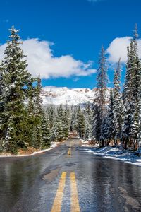 Preview wallpaper road, trees, mountains, snow, landscape, nature
