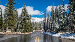 Preview wallpaper road, trees, mountains, snow, landscape, nature
