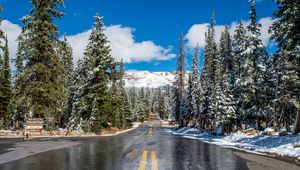 Preview wallpaper road, trees, mountains, snow, landscape, nature