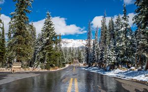 Preview wallpaper road, trees, mountains, snow, landscape, nature