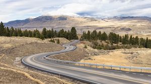 Preview wallpaper road, trees, mountains, nature