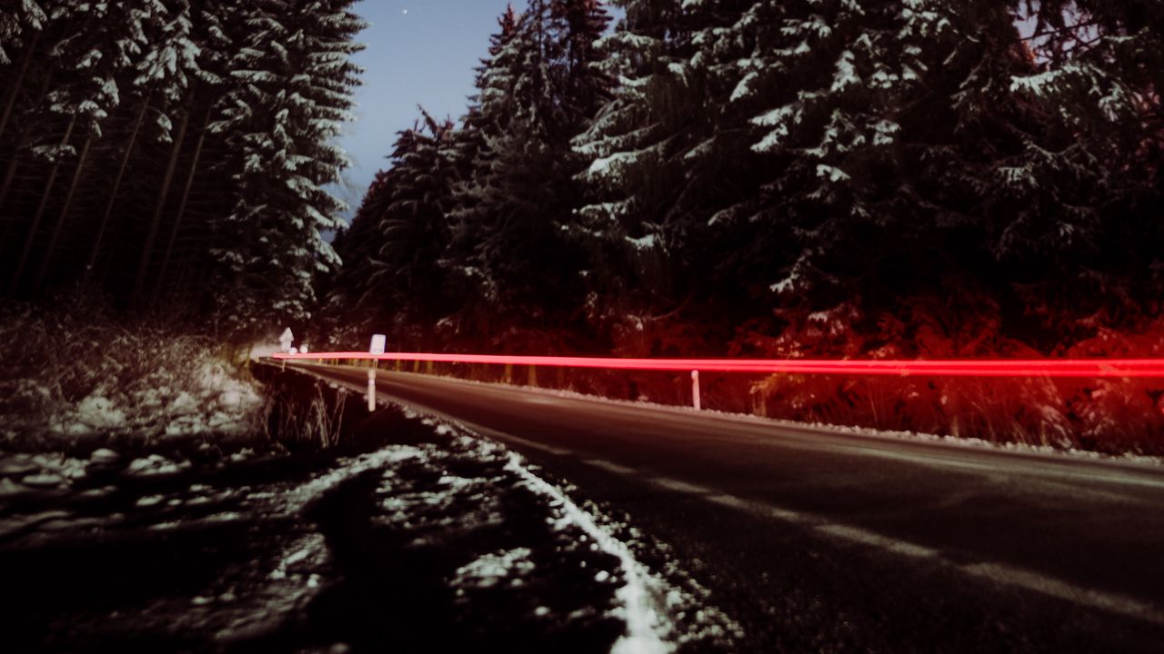 Wallpaper road, trees, night, snow, long exposure