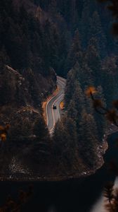 Preview wallpaper road, trees, river, aerial view