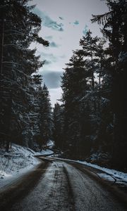 Preview wallpaper road, trees, snow, winter, winding