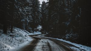 Preview wallpaper road, trees, snow, winter, winding