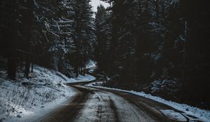 Preview wallpaper road, trees, snow, winter, winding