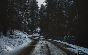 Preview wallpaper road, trees, snow, winter, winding