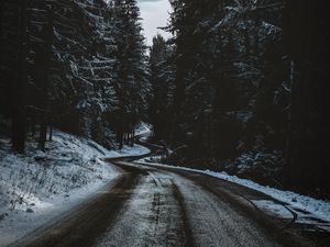 Preview wallpaper road, trees, snow, winter, winding