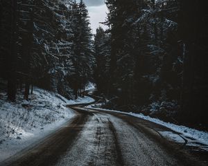 Preview wallpaper road, trees, snow, winter, winding