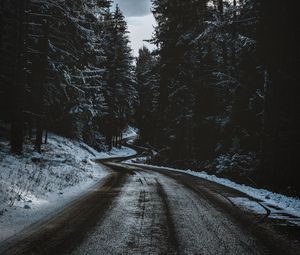 Preview wallpaper road, trees, snow, winter, winding