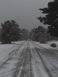 Preview wallpaper road, trees, snow, snowy, winter