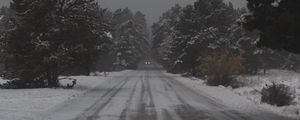 Preview wallpaper road, trees, snow, snowy, winter